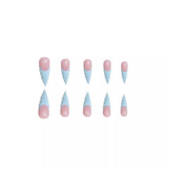YICKYUE - 24PCS Light Blue French False Nails 3D Water Ripple Decor Press On Long Almond Nails Full Cover Stiletto Fake Nails Y2k Finished