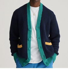 Hearujoy Autumn Winter Youth Mens Patchwork Knitwear Long Sleeve Collarless Coarse Wool Sweater Fashion Button Cardigan Coat Men Clothing