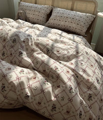 YICKYUE Cute vintage rabbit flower bow bedding set kid,twin full queen retro brown cotton home textile bed sheet pillow case quilt cover
