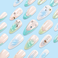 YICKYUE - 24pcs French Fake Nail Patches 3D Butterfly Design Y2k Press on Nails for Women Wearable Ocean Blue Gradient Almond False Nails