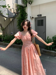 YICKYUE - French Gentle Square Collar Bubble Sleeve Vestidos Temperament Dress Female Robe Summer New Waist A-wave Long Dresses