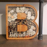 Wooden Piggy Bank Saving Money Box 26 Letters of The Alphabet Transparent Money Jar Coin Bank Desk Decoration Artcraft Ornaments