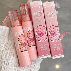 Yickyue Cute Bear Mirror Water Lip Glaze Moisturizing Sexy Red Lip Tint Lipstick Makeup lasting Color Non-stick Cup Lip Gloss Cosmetics