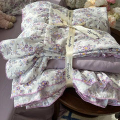 YICKYUE - 3/4Pcs Korean Princess Style Floral Ruffles Bedding Set Skin-friendly Soft Duvet Cover Set Bed Sheet Or Bed Skirt Pillowcases