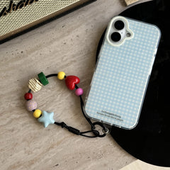 YICKYUE - Simplicity Blue Grid Pattern Geometric Decoration Pendant Phone Cover Case for iPhone 16 15 14 13 12 Pro Max