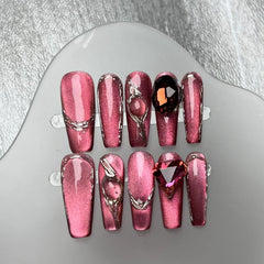 YICKYUE - 10pcs High Quality Handmade Long coffin Press On Nail version 3D Cat eye manicure red luxury press on nails Artificial Nails