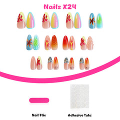 YICKYUE - 24pcs Ins 3D Starfish Shell Decor Fake Nails Ocean Gradient Press on Nails Full Cover Wearable French Almond False Nail Tips