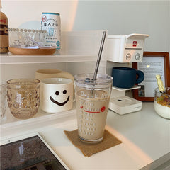 Korean Style Simple White Letter Coffee Glass Milk Cup Portable Large-capacity Water Bottle with Lid and Straw