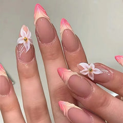 YICKYUE - 24pcs French Tip False Nails with White Flowers Floral Press on Nails Gradient Pink Yellow Artificial Nails Full Cover Nail Tips