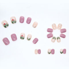 24pcs Short False Nails White Rose Green Leaves Designs Ballerina Art Fake Tips Press On Artificial Full Cover Nails Manicure