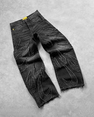Hearujoy Y2k Jeans New Harajuku Flame Embroidered Hip Hop Street Leisure Denim Pants Men Clothing High Waist Straight Leg Wide Leg Jeans