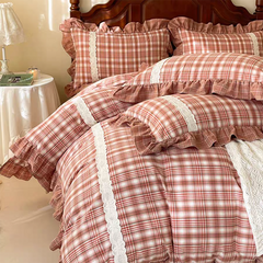 YICKYUE - Red Tartan Plaid Ruffle Bedding Set
