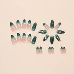 YICKYUE - 24pcs Gradient Green Fake Nails Ins Simple French Press on Nails For Women Wearable Detahcble European Spice Girls Fake Nails