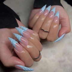 YICKYUE - 24PCS Light Blue French False Nails 3D Water Ripple Decor Press On Long Almond Nails Full Cover Stiletto Fake Nails Y2k Finished
