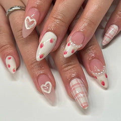YICKYUE - Bowknot Ribbon Pearl Rhinestones Love Heart Press on Nails Japanese Korean Almond Shape Pink False Nail Detachable Fake Art Nail