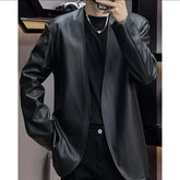 Hearujoy Vintage Mirad Leather Jacket For Men Collarless Long Sleeved Cardigan Fashion Trendy Fur Tops Coat Oversize Handsome Streetwear