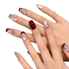 YICKYUE - 10Pcs Handmade French Short Press On Nails Shiny Cat's Eye 3D Hand-carved Flower Design Fake Nail Wearable False Nail Tips