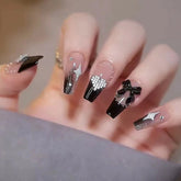 24Pcs French Press on Nail Black False Nails 3D Bow Mid-length Fake Nails for Women and Girls Salon Finger Toes DIY Manicure Tip