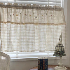YICKYUE - Cotton Blending Kitchen Curtain, Embroidery Flower with Plaid Pattern, Cloth Curtain, Room Carbinet, Small Window Decoration