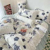 Yickyue Korean Ins Rose Pastoral Lace Quilt Cover Washed Cotton Princess Bedding Sets Bed Skirt Ruffles Pillowcase Woman Duvet Cover