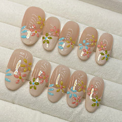 YICKYUE - 10Pcs Cute French Handmade Press on Nails Full Cover 3D Colorful Flower Design Oval False Nails Wearable Manicure Nail Tips Art