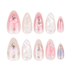 YICKYUE - 24pcs Press on Long Almond Fake Nails Pearl Aurora Butterfly Decor Full Cover 3D Water Ripple Blush False Nails Y2k Handmade