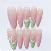 YICKYUE - Green Cat's Eye Tulip Wearable Nail Pieces Light Therapy Handmade False Nails Wearing Finished Nails Artistic Patch Decoration