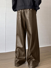 HEARUJOY - Men's Casual Straight Leg Pants with Buttoned Waist - Brown Shiny Fabric, Loose Fit for Streetwear, Hip-Hop Style, and Party Wear