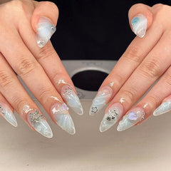 YICKYUE - 24pcs 3D Clear Butterfly Design Press on Nails French Almond Fake Nails Full Cover Wearable Summer Manicure False Nail Patch