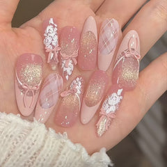 YICKYUE - 10pcs Handmade Almond Press On Nails Gradient Cat Eye Pink French Fake Nail Bow Design Full Cover Nail Tips Wearable False Nail