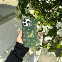 YICKYUE - Retro Full Screen Little Flower Green Glacial Pattern Texture Phone Cover Case for iPhone 16 15 14 13 12 Pro Max