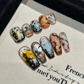 YICKYUE - 10pcs Halloween Press on Nails Short Square Pumpkins Skeletons Fake Nails with Glue Cute Funny False Nails Full Cover Nail Tips
