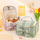 Plaid Cosmetic Bags Large Capacity Bow Canvas Cosmetic Bag Portable Ins Make Up Storage Japan Style Female Toiletry Storage Bag