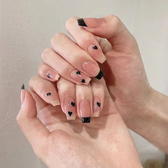 Yickyue 24pcs French Tips Fake Nails Ballet False Nails with Heart Design Coffin Press on Artificial Nail Art French Tips with Glue