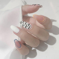 24pcs Cream Stripe Contrast Color Ballet Wearable Fake Nail press on Patch Personality Long Style Nail Art Equipment Hand Decor