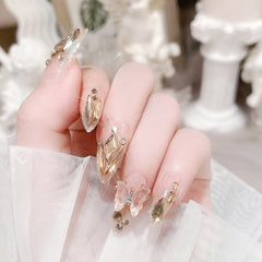 Korean Fake Nails 24Pcs Glossy Press On Nails 2022 3D Butterfly Glitter Diamond Design for Bride Wedding Free Shipping Items