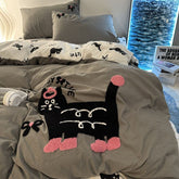 YICKYUE - Cartoon Embroidered Cat Bedding Set Four Piece Set Washable Cotton Sleep Naked Beds Sheet Duvet Cover Student Three Piece Set