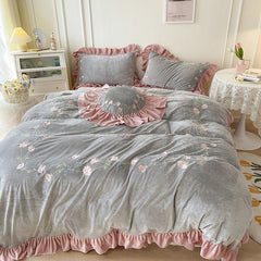Flowers Embroidery Princess Bedding Set Shaggy Velvet Fleece Ruffles Duvet Cover Quilt Cover Set Bed Skirt Bedspread Pillowcases