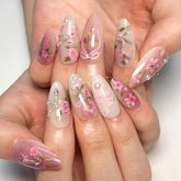 Yickyue Pink Rose Cherry Blossom Bow Hand Painted Pearl Rhinestone False Nails Detachable Finished Fake Nails Press on Nails with Glue