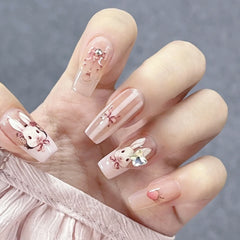 Yickyue 24pcs Cut Rabbit False Nails Full Cover Glitter Rhinestone New Year Artificial Nail Tips For Girl Gifts Press On Nails Wearable