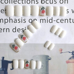 24pcs Fake Short Nails With Glue White Rose With Square Head False Nail Removable Nail Patch Natural False Nails