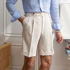 Hearujoy British Style Naples Suit Shorts Men Smart Casual Paris Waist Buckle Button Knee Length Pants Summer Fashion Shorts Streetwear
