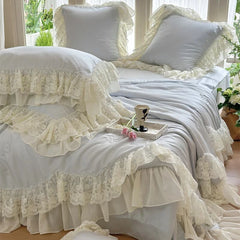 YICKYUE - Lyocell Fiber Summer Quilt Romantic Lace Ruffles Princess Bedding Set Soft Silky Summer Comforter Blanket With 2 pillowcase 4Pcs