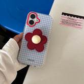 YICKYUE - Ins Simple Blue Grid Pattern Red Flower Bracket Phone Case for iPhone 16 15 14 13 Pro Max Back Cover Fund