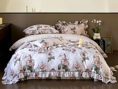 Yickyue - Romantic fairyfair ruffle flower rose bedding set,full queen king rustic cotton home textile bed sheet pillow case quilt cover
