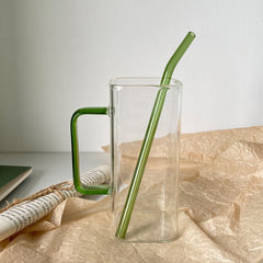 400ml Creative Square Glass Cup With Handle Straw Clear Vintage Coffee Tea Juice Milk Wine Beverage Gasses Mugs For Drinks Gift