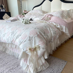 YICKYUE - Vintage French Romantic Lace Ruffles Carved Velvet Winter Bedding Set Single Queen King Size Duvet Cover Bed Sheet Pillowcases