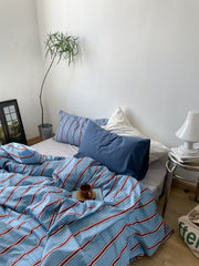 Yickyue New 100% Cotton Blue Bedding Set Luxury Simple Striped Bed Sheet Quilt Cover Pillow Case Bed Hat Fashion Design 2.0m/1.2m Bed