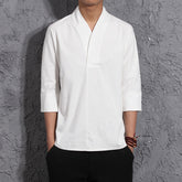 Hearujoy Vintage Men Cotton Linen Shirts Short Sleeved V-neck T-shirt Pullover Summer High Quality Hanfu Trend Brand Clothing For Mens