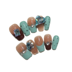 YICKYUE - 10pcs Handmade Fake Nails French Green Wave Point With Rhinestone Artificial Nails Full Cover Press On Nail Short Ballet